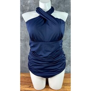 Swim by Cacique Blue 1 Pc Halter Neck Ruched Swimsuit sz 22 (16254)